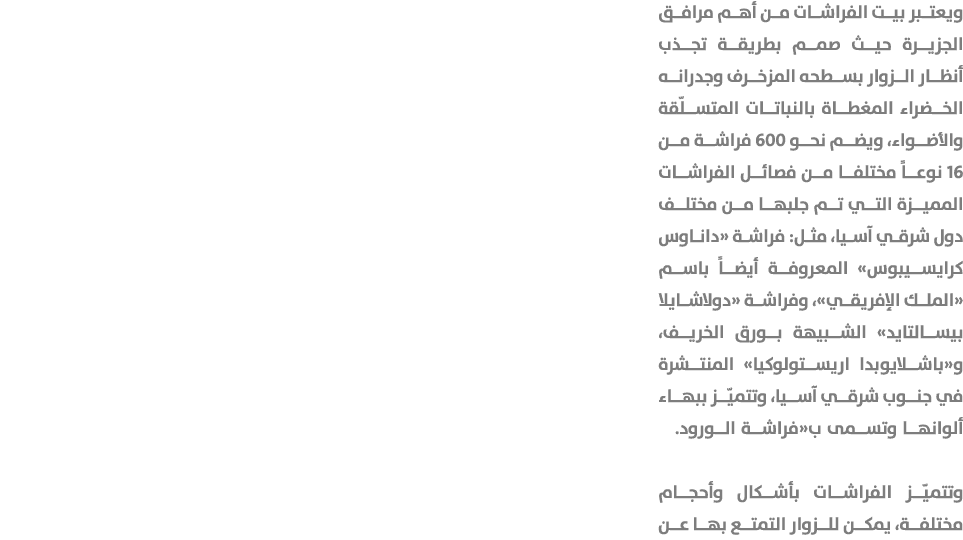 ويعتبر بيت الفراشات من أهم مرافق الجزيرة حيث صمم بطريقة تجذب أنظار الزوار بسطحه المزخرف وجدرانه الخضراء المغطاة بالنب...