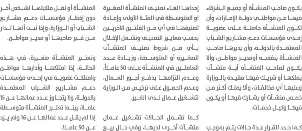 يكون صاحب المنشأة أو جميع الشركاء فيها من مواطني دولة الإمارات، وأن تكون المنشأة حاصلة على عضوية إحدى مؤسسات دعم مشار...