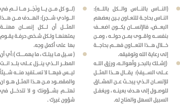  (الناس بالناس والكل بالله): الناس بحاجة للتعاون بين بعضهم البعض، فالإنسان يكون اضعف بنفسه واقوى بمن حوله ، ومن خلال ...