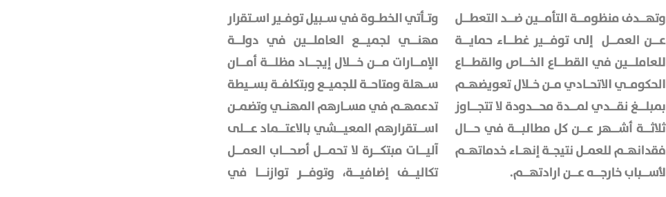 وتهدف منظومة التأمين ضد التعطل عن العمل إلى توفير غطاء حماية للعاملين في القطاع الخاص والقطاع الحكومي الاتحادي من خلا...