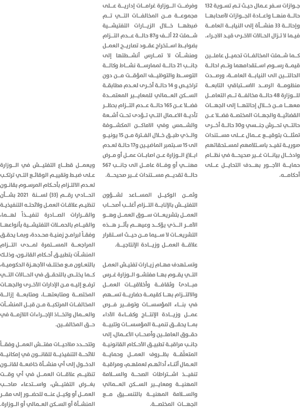 جوازات سفر عمال حيث تم تسوية 132 حالة منها واعادة الجوازات لأصحابها وإحالة 33 منشأة إلى النيابة العامة فيما لا تزال ا...