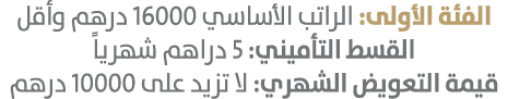 الفئة الأولى: الراتب الأساسي 16000 درهم وأقل القسط التأميني: 5 دراهم شهرياً قيمة التعويض الشهري: لا تزيد على 10000 درهم