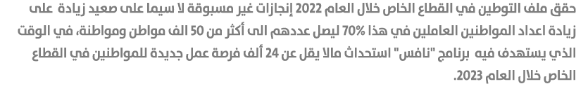 حقق ملف التوطين في القطاع الخاص خلال العام 2022 إنجازات غير مسبوقة لا سيما على صعيد زيادة على زيادة اعداد المواطنين ا...