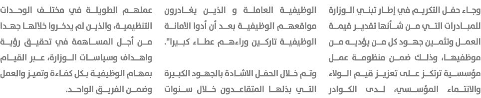 وجاء حفل التكريم في إطار تبني الوزارة للمبادرات التي من شأنها تقدير قيمة العمل وتثمين جهود كل من يؤديه من موظفيها، وذ...