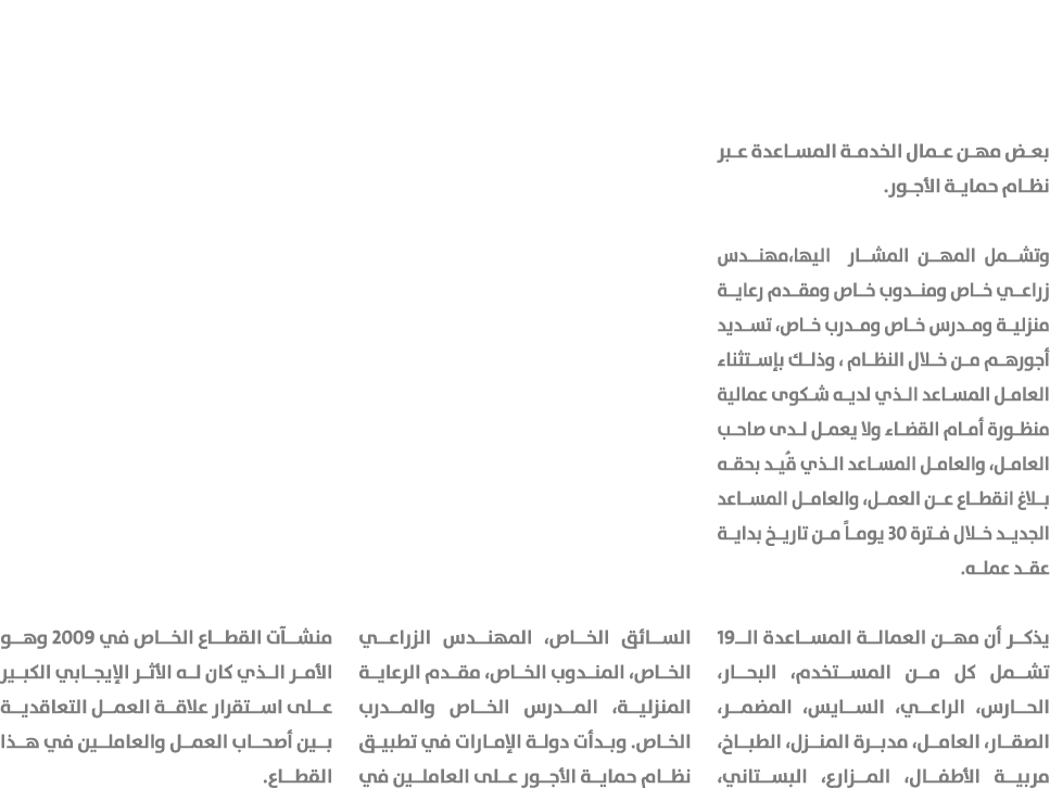 بعض مهن عمال الخدمة المساعدة عبر نظام حماية الأجور. وتشمل المهن المشار اليها،مهندس زراعي خاص ومندوب خاص ومقدم رعاية م...