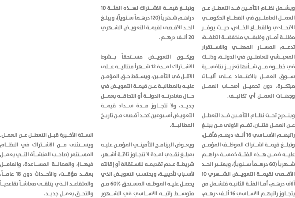 ويشمل نظام التأمين ضد التعطل عن العمل العاملين في القطاع الحكومي الاتحادي والقطاع الخاص، حيث يوفر مظلة أمان وظيفي منخ...
