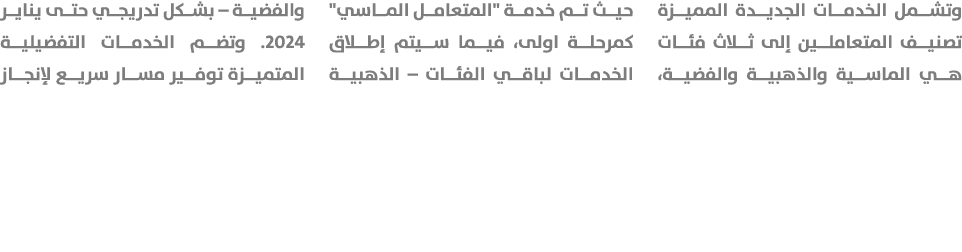 وتشمل الخدمات الجديدة المميزة تصنيف المتعاملين إلى ثلاث فئات هي الماسية والذهبية والفضية، حيث تم خدمة \“المتعامل الما...