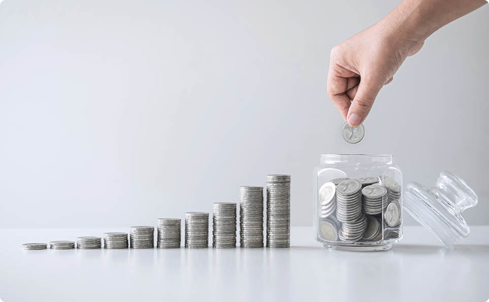 Images of growing stacking coins and Hand putting coin into glass bottle (money box) for planning step up and savings, Saving money for future plan and retirement fund concept.
