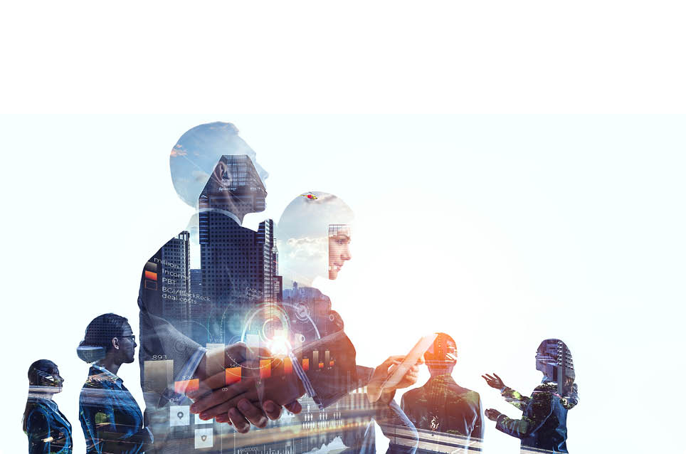 Group of business people outlines with lit background . Mixed media