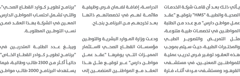 يأتي ذلك بعد أن قامت شركة الخدمات الصحية والطبية \“HMS\" بتوقيع \"عقد عمل مواطن دارس\" مع عدد من الطلبة المواطنين في ...