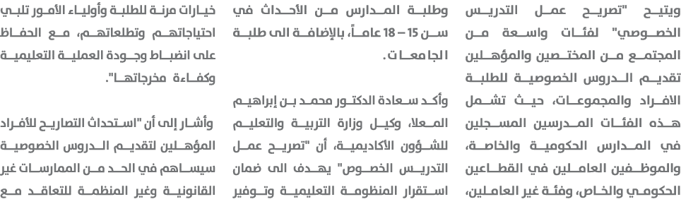 ويتيح \“تصريح عمل التدريس الخصوصي\" لفئات واسعة من المجتمع من المختصين والمؤهلين تقديم الدروس الخصوصية للطلبة الافراد...