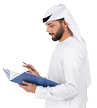 young Arab businessman standing and writing in folder, book,notebook on a white background. business concept, teacher. 