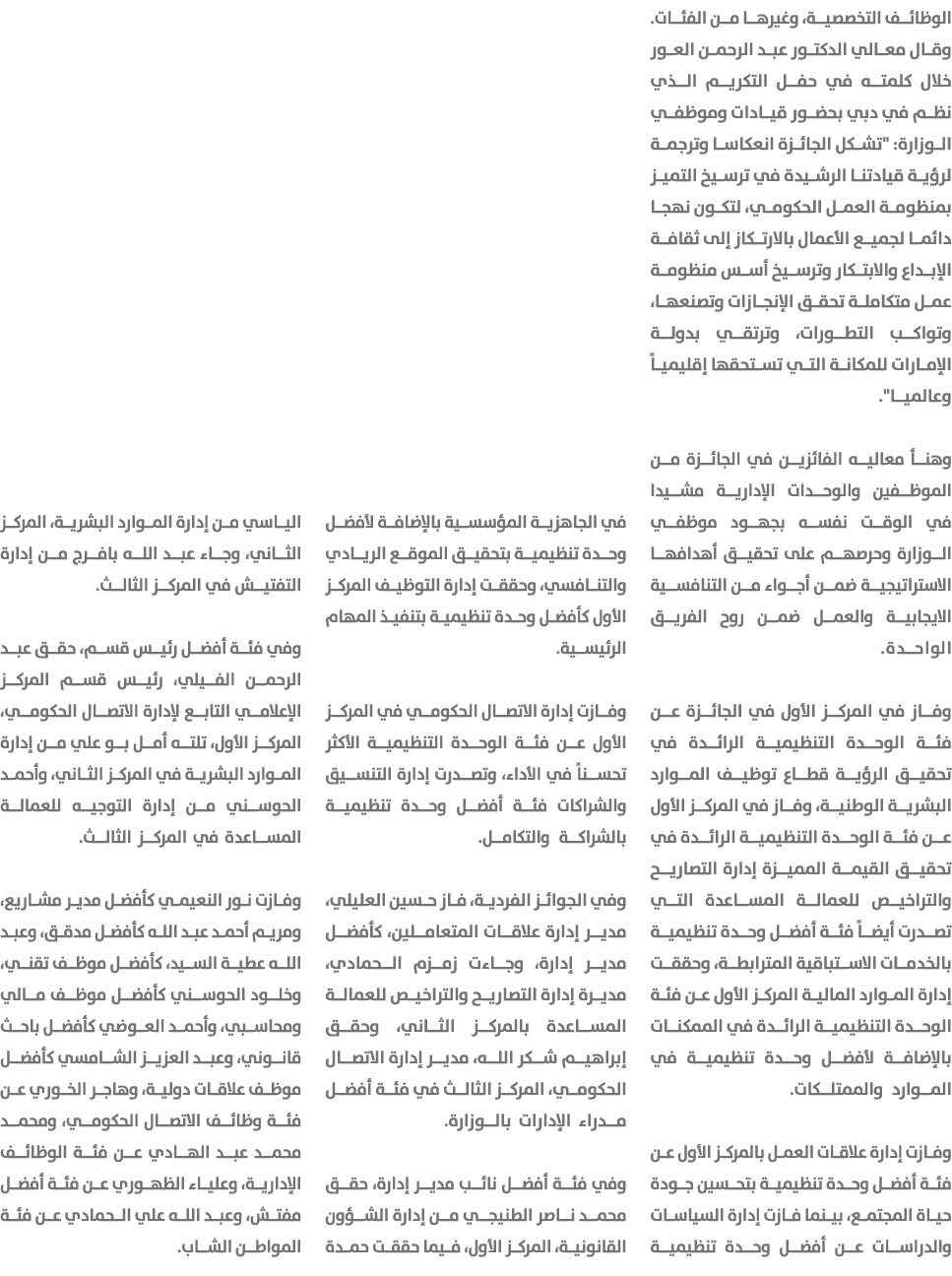 الوظائف التخصصية، وغيرها من الفئات. وقال معالي الدكتور عبد الرحمن العور خلال كلمته في حفل التكريم الذي نظم في دبي بحض...