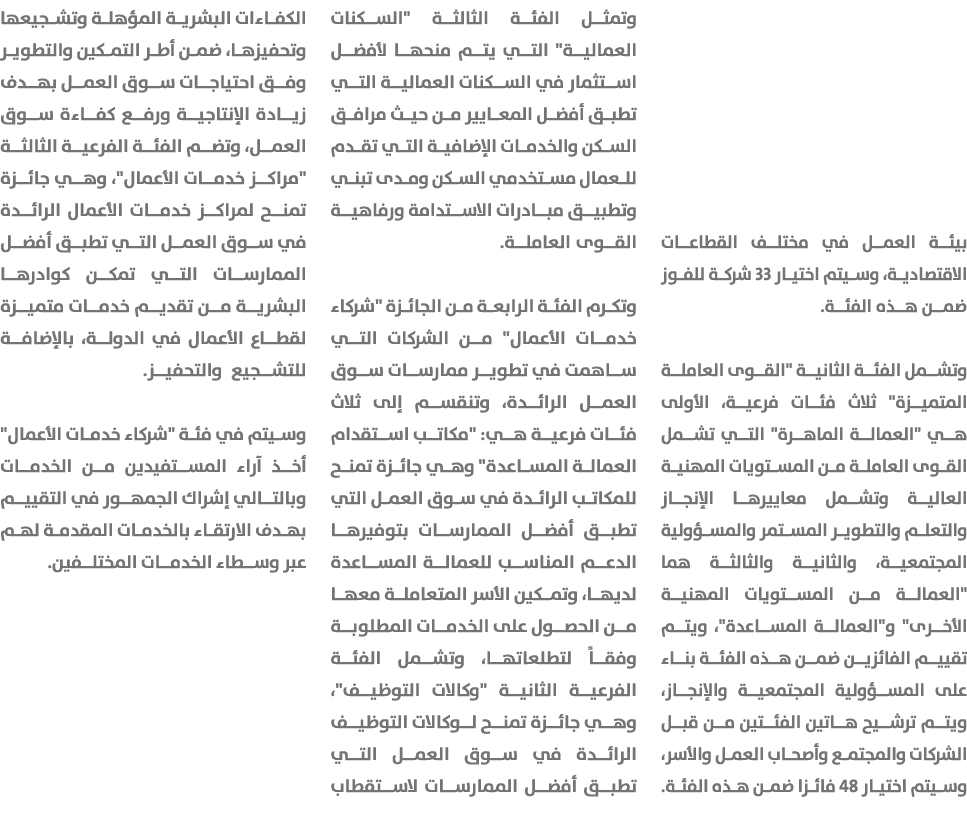 بيئة العمل في مختلف القطاعات الاقتصادية، وسيتم اختيار 33 شركة للفوز ضمن هذه الفئة. وتشمل الفئة الثانية \“القوى العامل...