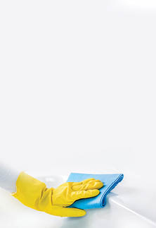 Woman maid or charwoman cleaning modern new basin in bathroom banner. Water tap clean using yellow gloves and blue cloth.