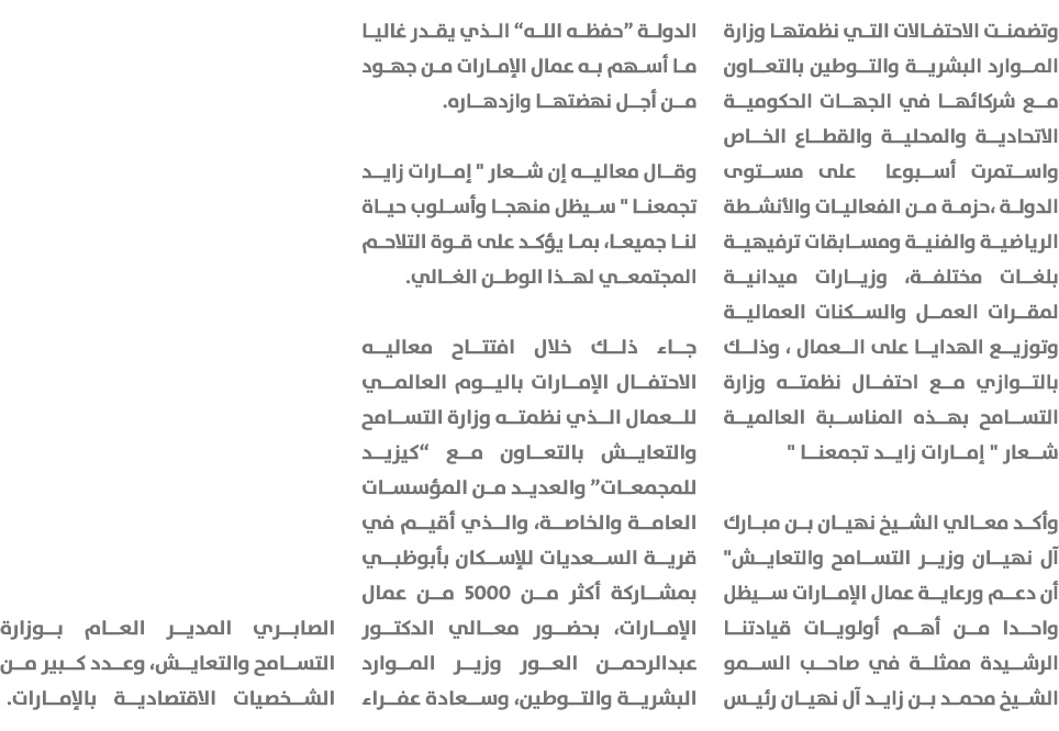 وتضمنت الاحتفالات التي نظمتها وزارة الموارد البشرية والتوطين بالتعاون مع شركائها في الجهات الحكومية الاتحادية والمحلي...