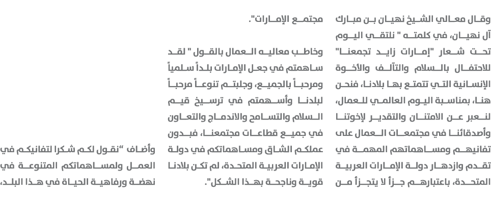 وقال معالي الشيخ نهيان بن مبارك آل نهيان، في كلمته \“ نلتقي اليوم تحت شعار \"إمارات زايد تجمعنا\" للاحتفال بالسلام وا...
