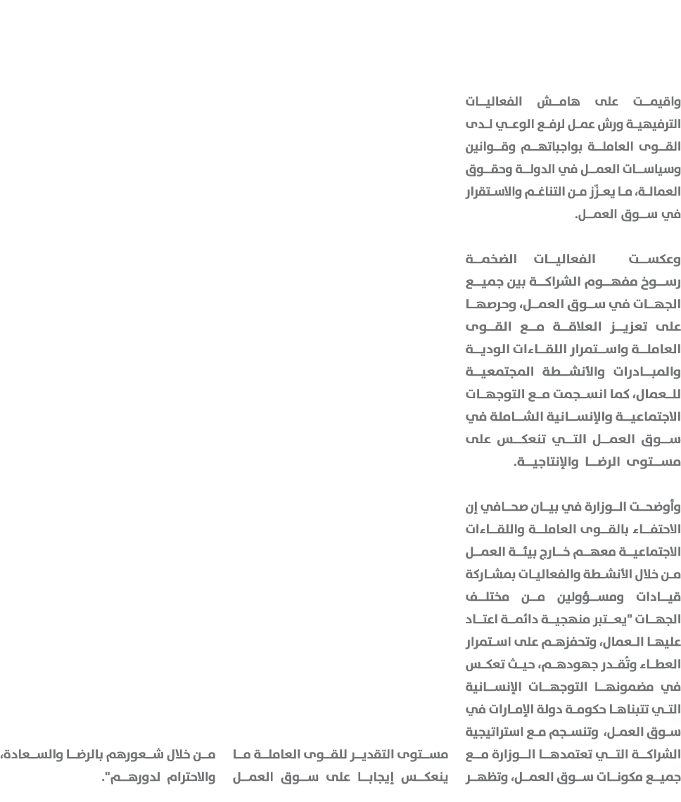 واقيمت على هامش الفعاليات الترفيهية ورش عمل لرفع الوعي لدى القوى العاملة بواجباتهم وقوانين وسياسات العمل في الدولة وح...
