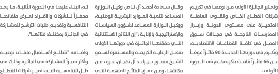 وتعتبر الجائزة الأولى من نوعها في تكريم شركات القطاع الخاص والقوى العاملة المتميزة على مستوى الدولة وإبراز الممارسات ...