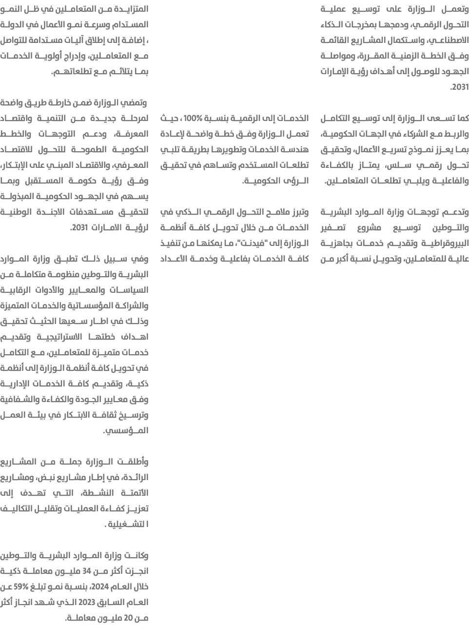 وتعمل الوزارة على توسيع عملية التحول الرقمي، ودمجها بمخرجات الذكاء الاصطناعي، واستكمال المشاريع القائمة وفق الخطة الز...