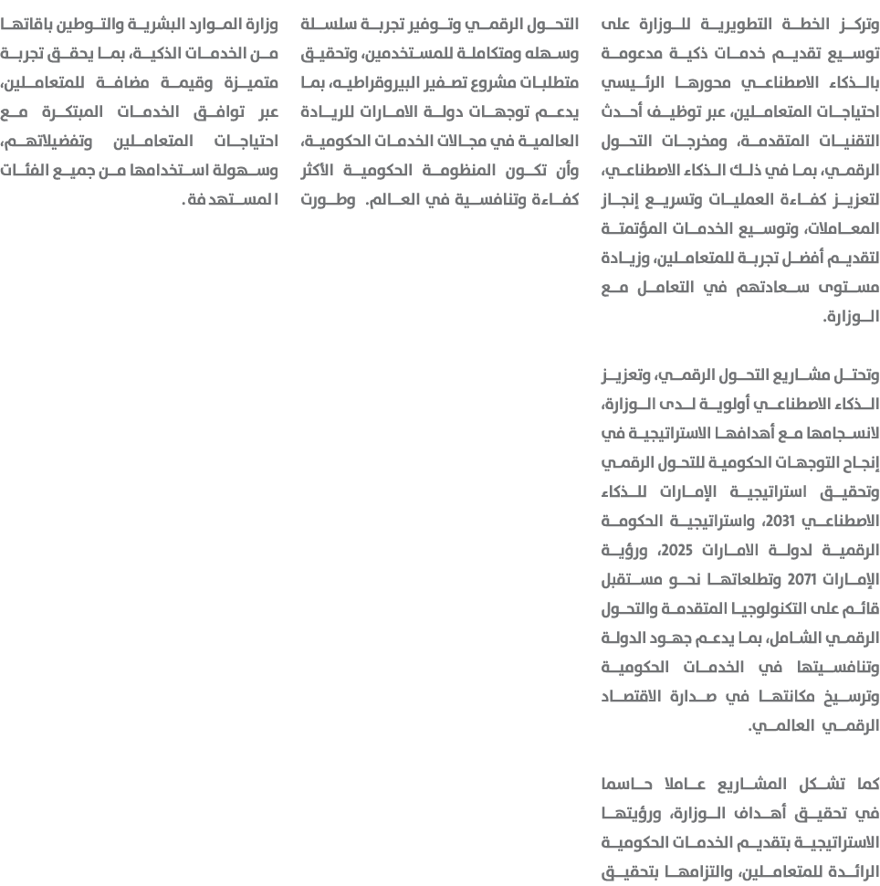 وتركز الخطة التطويرية للوزارة على توسيع تقديم خدمات ذكية مدعومة بالذكاء الاصطناعي محورها الرئيسي احتياجات المتعاملين،...
