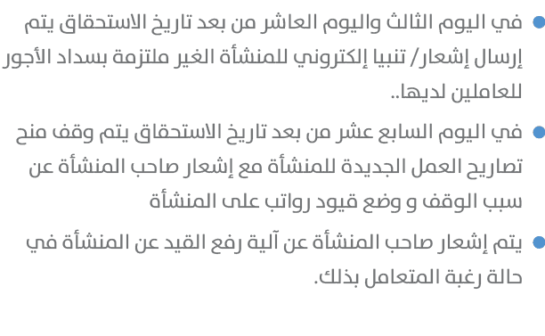 ﻿￼في اليوم الثالث واليوم العاشر من بعد تاريخ الاستحقاق يتم إرسال إشعار/ تنبيا إلكتروني للمنشأة الغير ملتزمة بسداد ال...