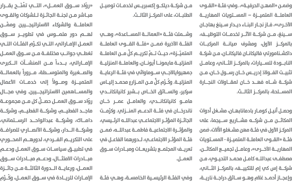 وضمن «المهن الحرفية»، .وفي فئة «القوى العاملة المتميزة – المستويات المهارية الأخرى»، فاز نجار البناء ديدار سينغ بهاجا...