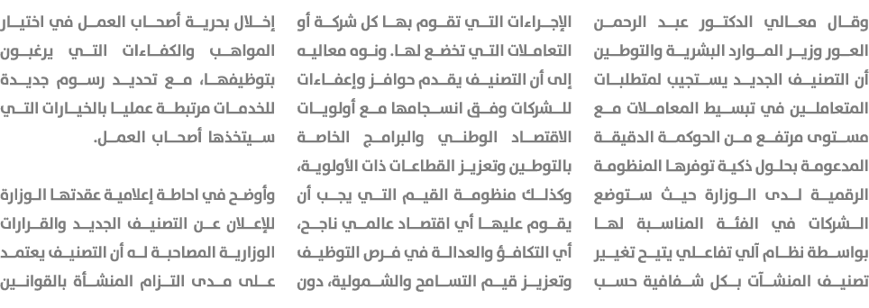 وقال معالي الدكتور عبد الرحمن العور وزير الموارد البشرية والتوطين أن التصنيف الجديد يستجيب لمتطلبات المتعاملين في تبس...