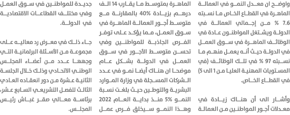 واوضح ان معدل النمو في العمالة الماهرة في القطاع الخاص ما نسبته 7.6 % من إجمالي العمالة في الدولة ويشتغل المواطنون عا...