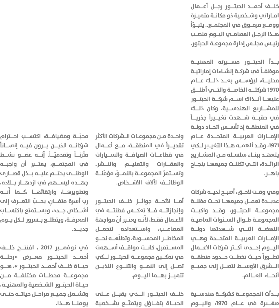 خلف أحمد الحبتور رجل أعمال اماراتي وشخصية ذو مكانة متميزة ووضع مرموق في المجتمع.. يتبوّأ هذا الرجل العصامي اليوم منصب...