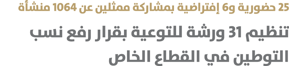 25 حضورية و6 إفتراضية بمشاركة ممثلين عن 1064 منشأة تنظيم 31 ورشة للتوعية بقرار رفع نسب التوطين في القطاع الخاص 