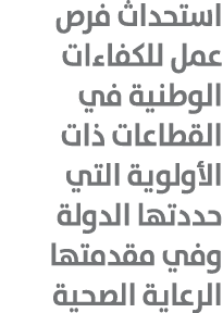 استحداث فرص عمل للكفاءات الوطنية في القطاعات ذات الأولوية التي حددتها الدولة وفي مقدمتها الرعاية الصحية