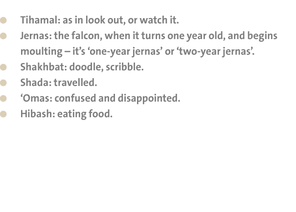  Tihamal: as in look out, or watch it. Jernas: the falcon, when it turns one year old, and begins moulting – it’s ‘on...