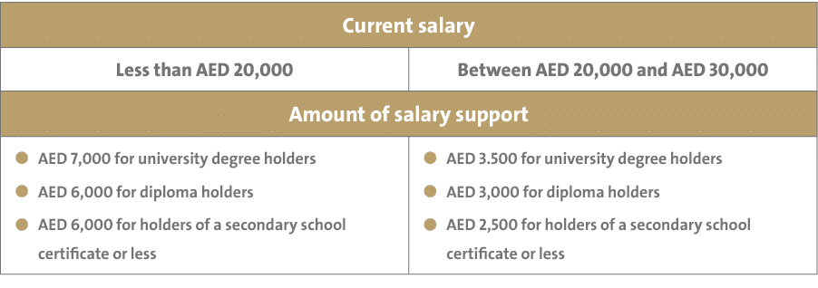 Current salary,Less than AED 20,000,Between AED 20,000 and AED 30,000,Amount of salary support,￼AED 7,000 for univers...