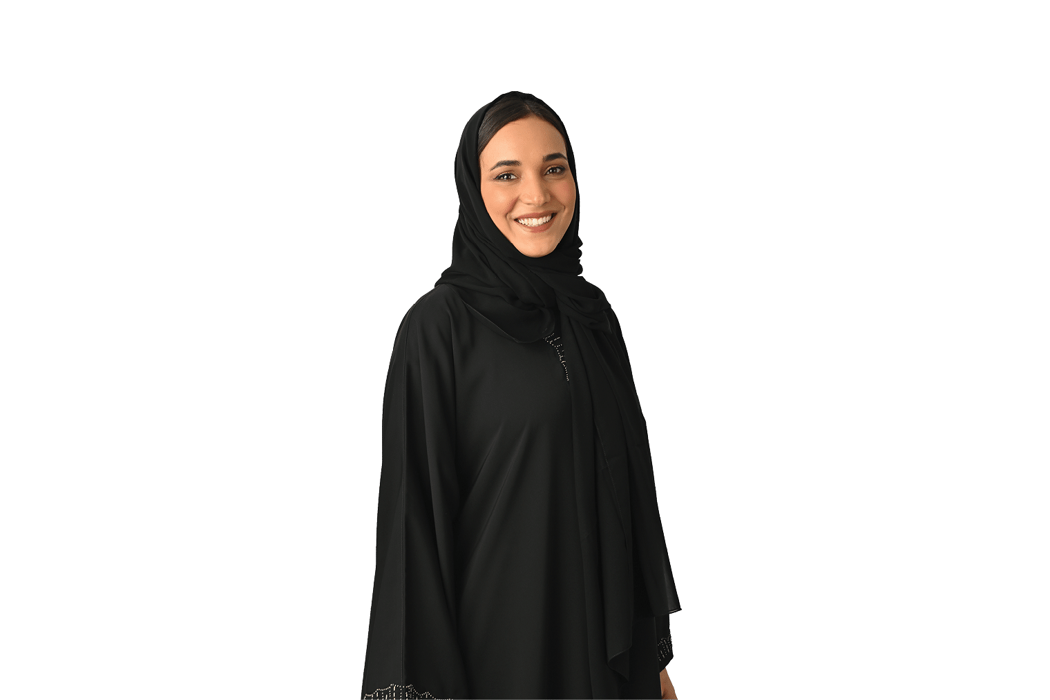 Arab woman wearing abaya smiling standing isolated on white background