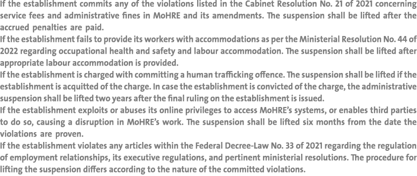 If the establishment commits any of the violations listed in the Cabinet Resolution No. 21 of 2021 concerning service...