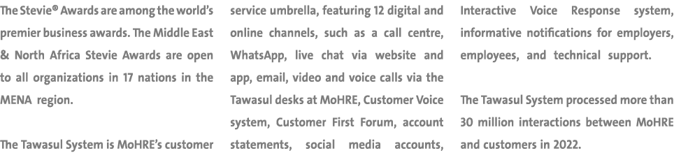 The Stevie® Awards are among the world’s premier business awards. The Middle East & North Africa Stevie Awards are op...