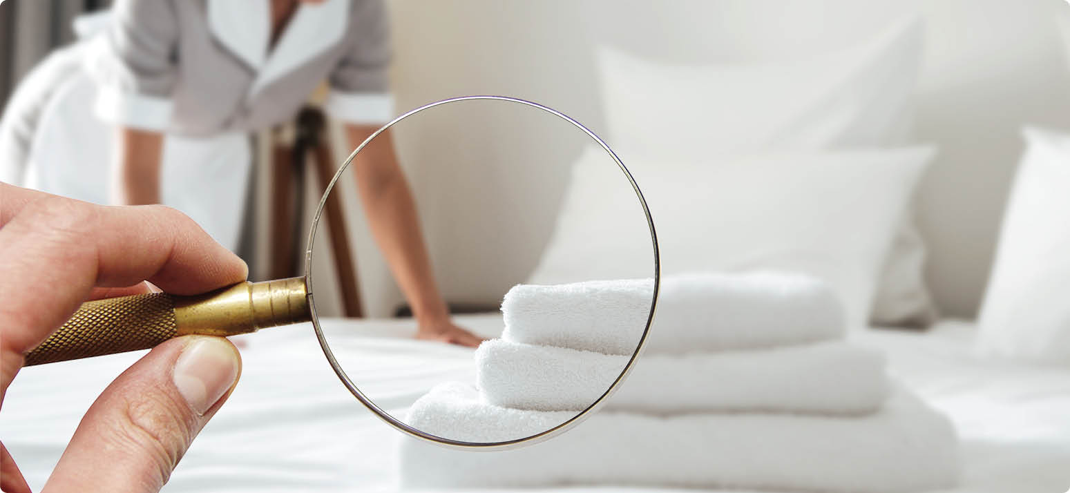 Young hotel maid making the bed with clean fresh towels