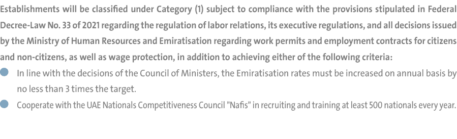 Establishments will be classified under Category (1) subject to compliance with the provisions stipulated in Federal ...