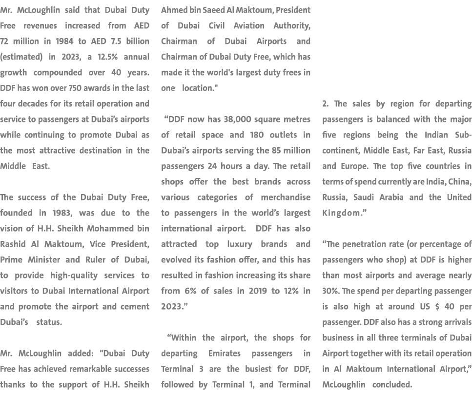 Mr. McLoughlin said that Dubai Duty Free revenues increased from AED 72 million in 1984 to AED 7.5 billion (estimated...