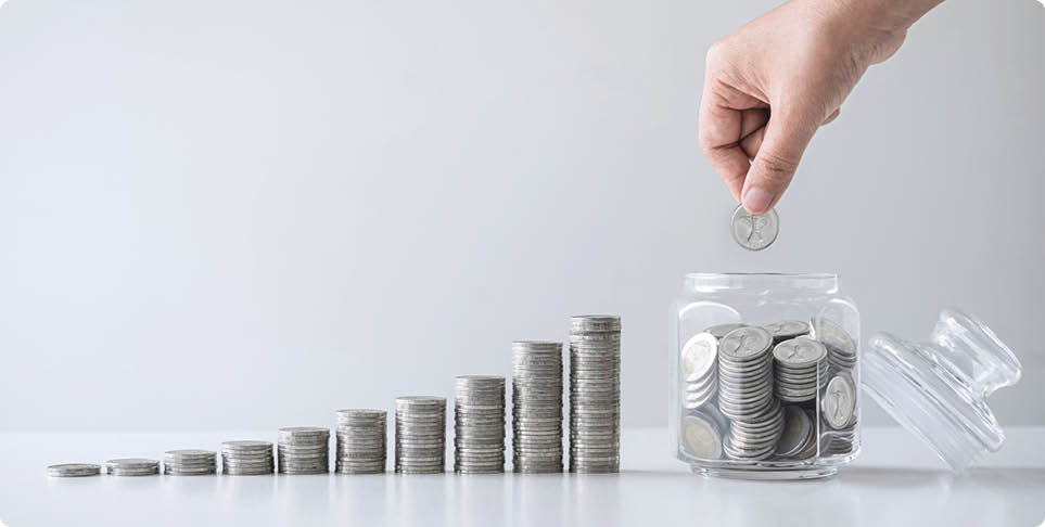 Images of growing stacking coins and Hand putting coin into glass bottle (money box) for planning step up and savings, Saving money for future plan and retirement fund concept.