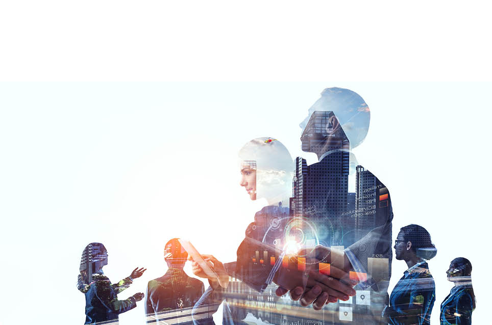 Group of business people outlines with lit background . Mixed media