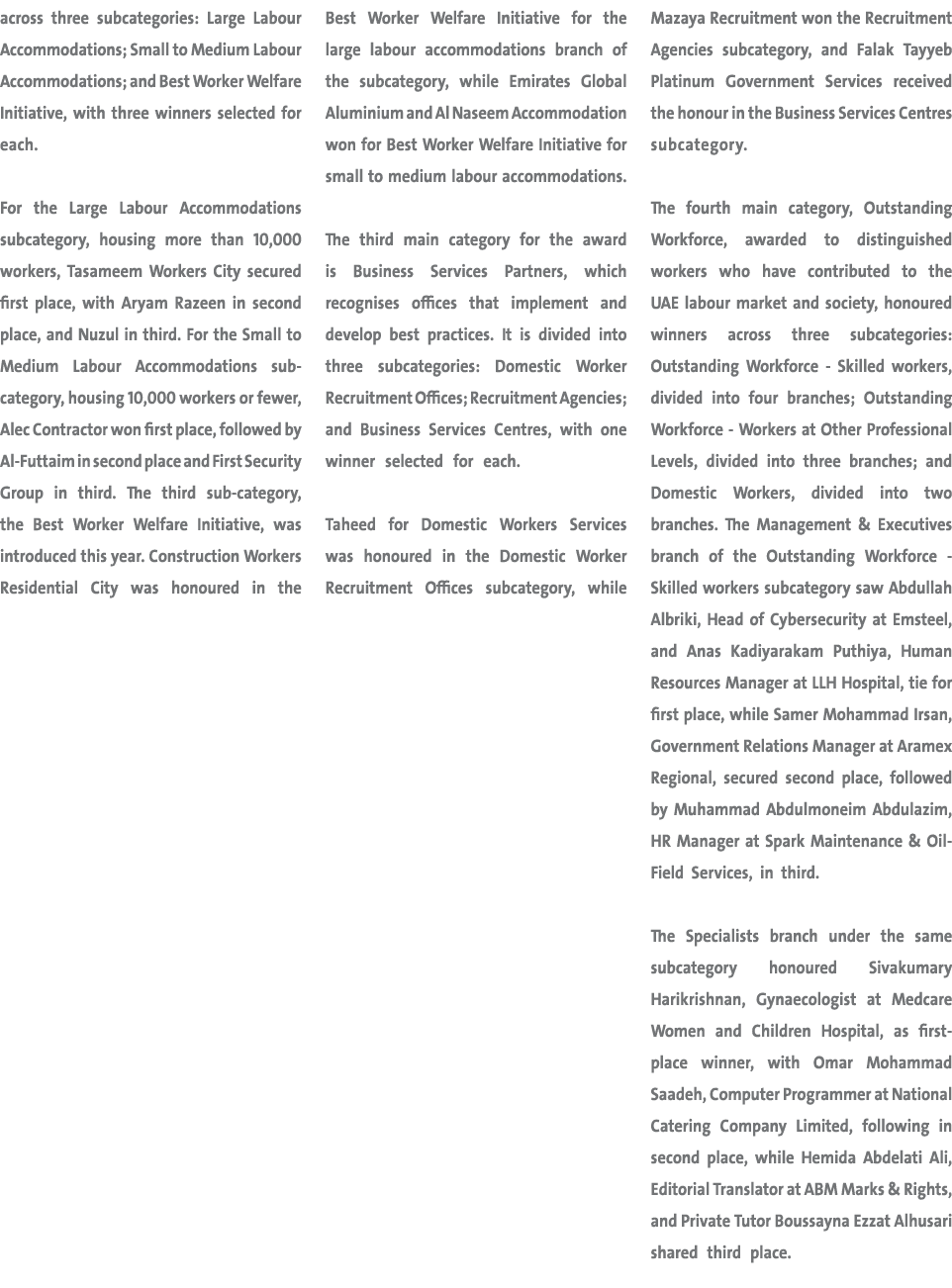 across three subcategories: Large Labour Accommodations; Small to Medium Labour Accommodations; and Best Worker Welfa...