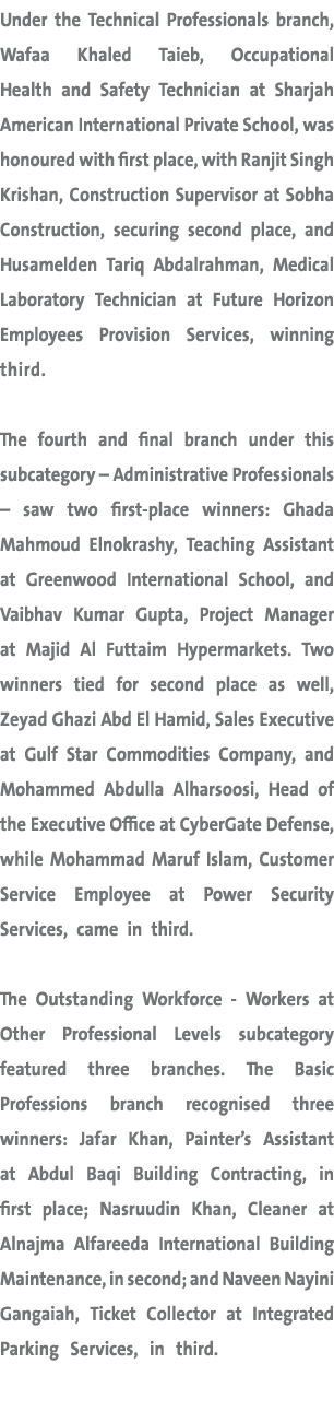 Under the Technical Professionals branch, Wafaa Khaled Taieb, Occupational Health and Safety Technician at Sharjah Am...