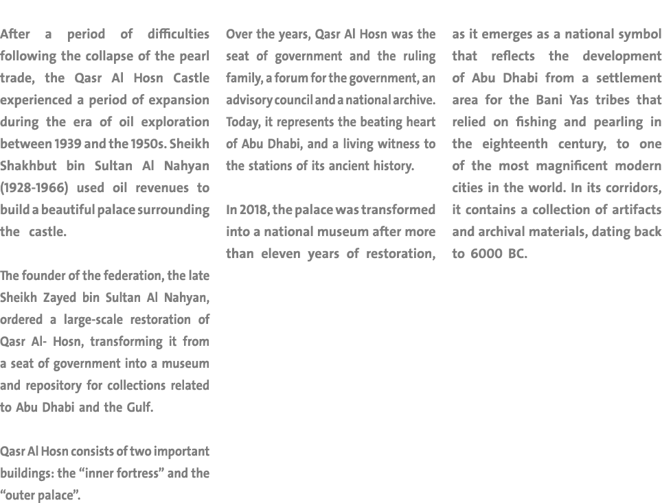 After a period of difficulties following the collapse of the pearl trade, the Qasr Al Hosn Castle experienced a perio   