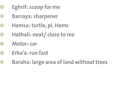  Eghrif: scoop for me Barraya: sharpener  Hamsa: turtle, pl  Hams Hathali: next  close to me Motor: car Erba a: run f   