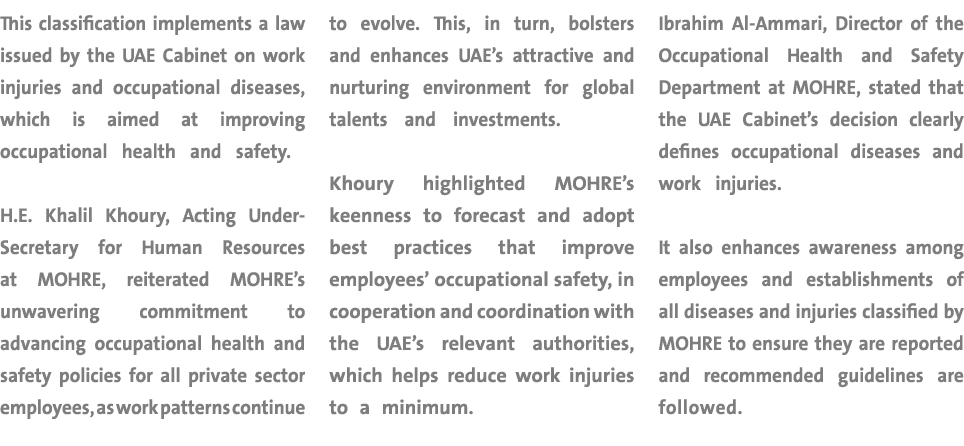This classification implements a law issued by the UAE Cabinet on work injuries and occupational diseases, which is a...