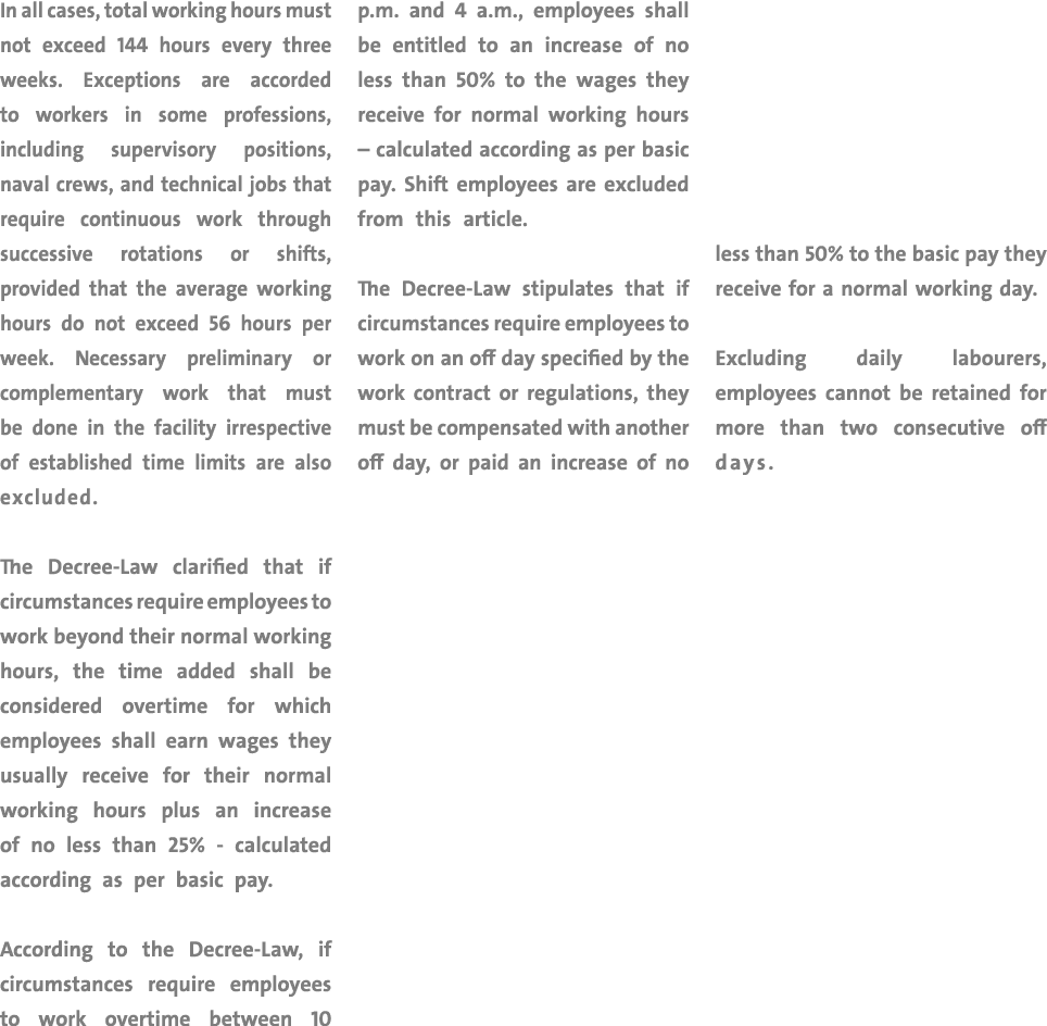 In all cases, total working hours must not exceed 144 hours every three weeks. Exceptions are accorded to workers in ...